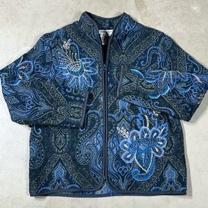 Coldwater Creek Blue Embroidered Paisley Cardigan Jacket w Gold Petite Small